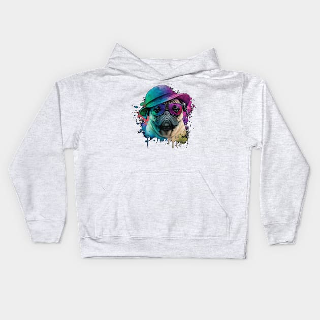 Vaporwave Pug: Hat and Sunglasses Edition Kids Hoodie by Focused Instability